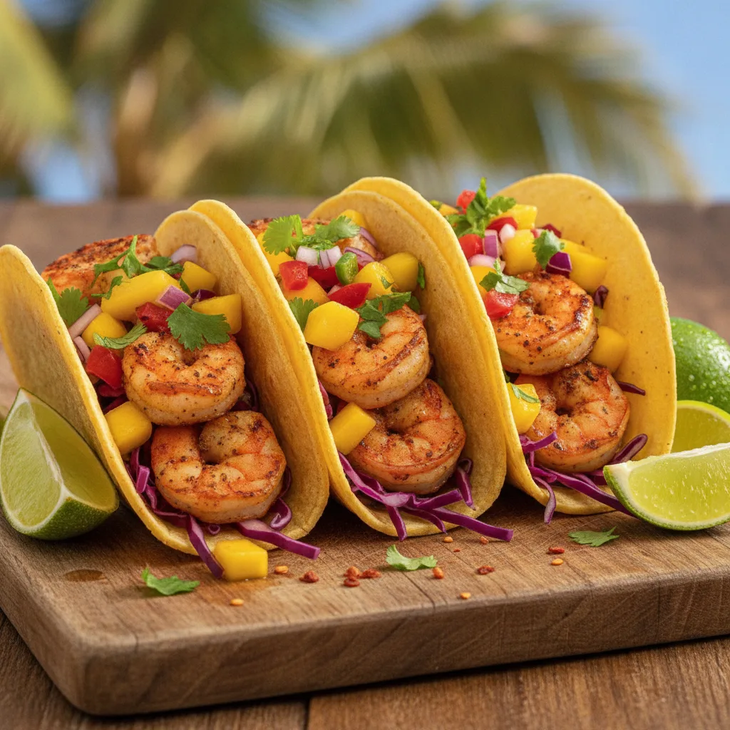 Mango chili shrimp tacos
