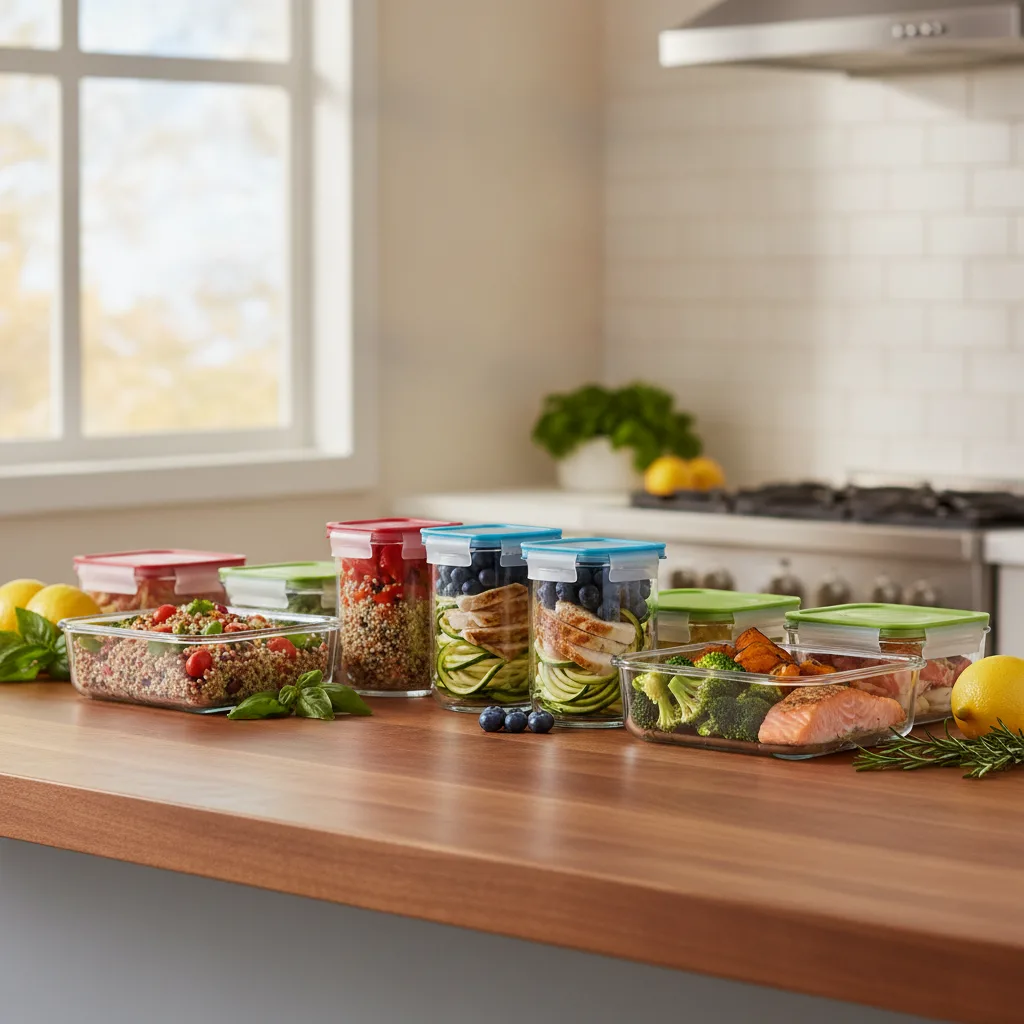 Colourful meal prep containers arranged on a kitchen counter